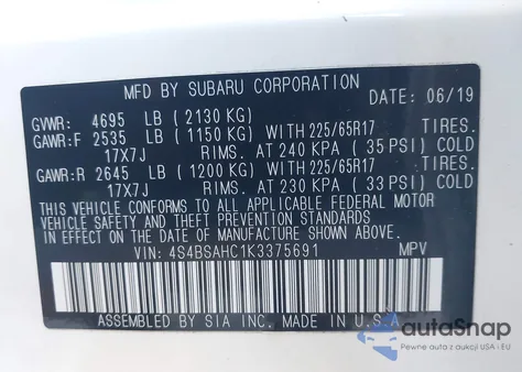 2019 Subaru Outback 2.5I Premium z USA, uszkodzony, nr VIN 4S4BSAHC1K3375691